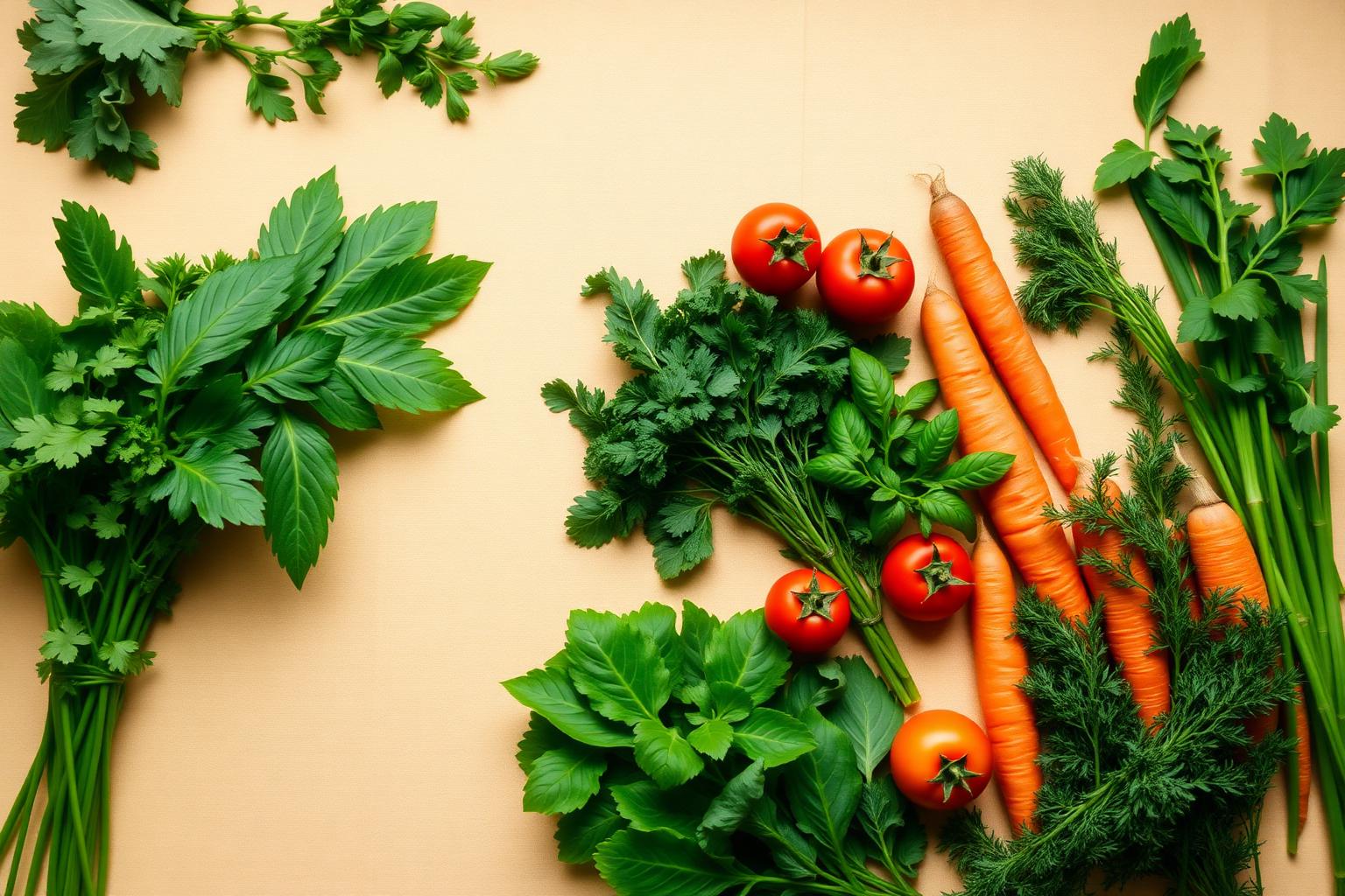 Variedade de hortifrúti fresco: folhosos, tomates, cenouras e temperos
